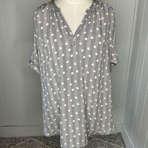 Worthington Womens Size Large Tunic Top Black Gray Polka Dot Split Neck Flowy